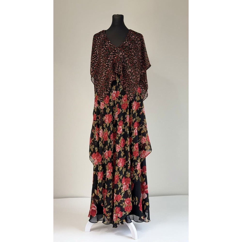 Vicky Tiel Floral Chiffon Maxi Dress Sz S Rose Print Handkerchief Boho Romantic